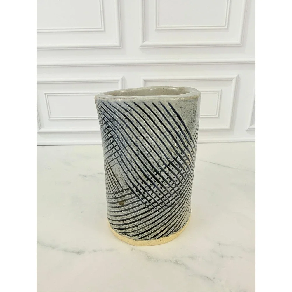 VTG Studio Pottery Vase Blue Heavy Slab Style Geometric Design 5 1/2